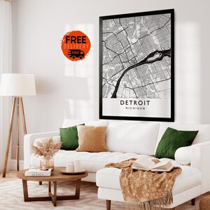 Detroit City Map Print, Michigan Maps, Detroit Michigan, Detroit Street Map Wall Art, Detroit Gifts, United States Maps, American Gift Home