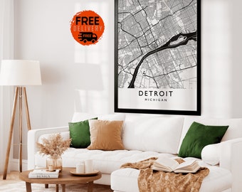Detroit City Map Print, Michigan Maps, Detroit Michigan, Detroit Street Map Wall Art, Detroit Gifts, United States Maps, American Gift Home