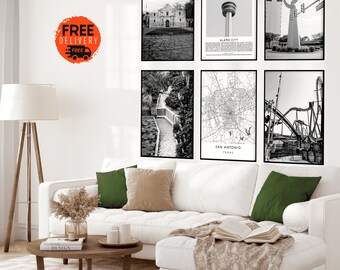 San Antonio Texas City Wall Art Print, San Antonio Map,River Walk Print,San Antonio Artwork Set of 6 Prints,San Antonio TX Home Decor,Alamo