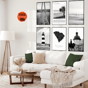 Impresiones de arte de la playa de Carolina del Sur, arte de la pared de decoración del hogar de Carolina del Sur, decoración del árbol de palmetto del país bajo, arte costero, mapa del estado de Carolina del Sur
