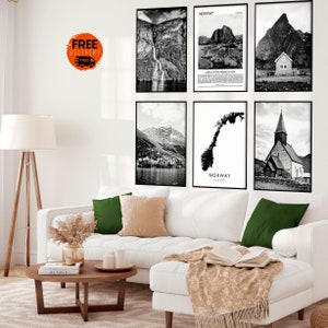 Norway Art Prints, Norway Nature Wall Art, Nodic Scandinavian  Decor Set of 6 Norway Prints,Bergen,Fjord,Norway Map,Norwegian Wall Art Print