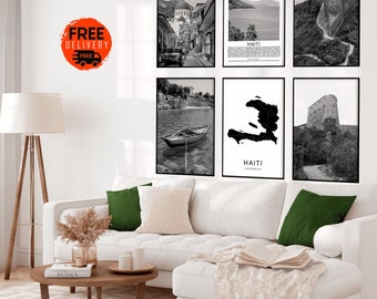 Caribbean Haitian Wall Art Prints, Haiti Map Art, Haiti Black and White Decor, Haiti Set of 6 Gallery Prints, Tropical Art