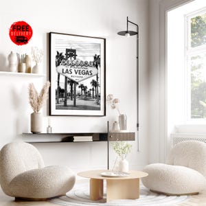 Impresión de póster de arte mural de Las Vegas, impresión de Las Vegas en blanco y negro, impresión de descarga de fotografía, impresión de letrero retro &quot;Bienvenido a la fabulosa Las Vegas&quot;, regalo