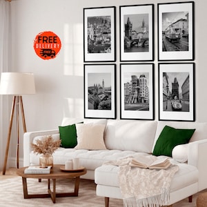 Prague City Wall Art Poster Print Black and White Set of 6, Czech Prague Travel Vacation Artwork, Old Town Square Art, Prague Castle, Praha