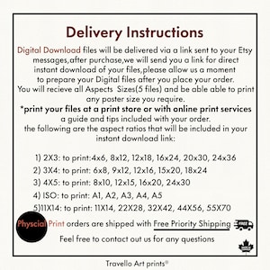 May include: A cream-colored poster with black text detailing digital download instructions and aspect ratios for printing. The text includes information on file delivery, print sizes, and contact details. The poster also mentions physical print orders.