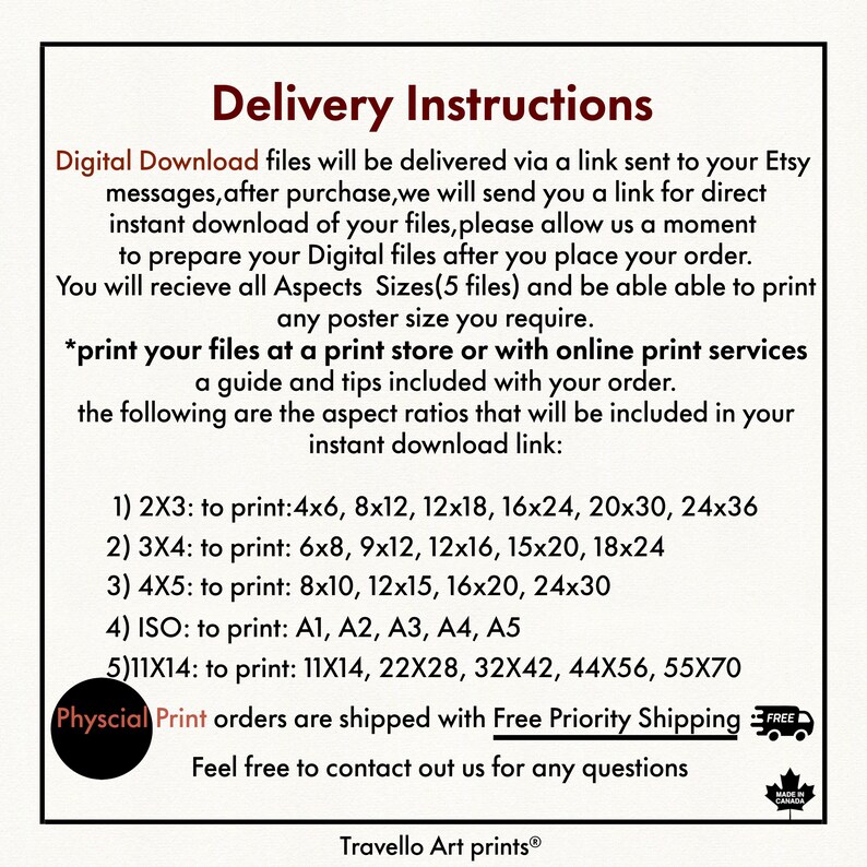 May include: A cream-colored poster with black text detailing digital download instructions and aspect ratios for printing. The text includes information on file delivery, print sizes, and contact details. The poster also mentions physical print orders.