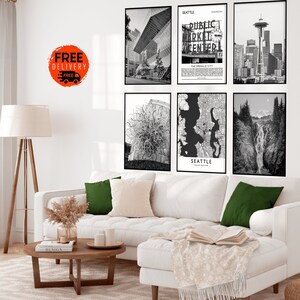 Seattle Washington city wall Art Prints, Space Needle Art Print, Pike Place Market Art Print, Seattle Set of  6 Prints,Seattle Map Art Print