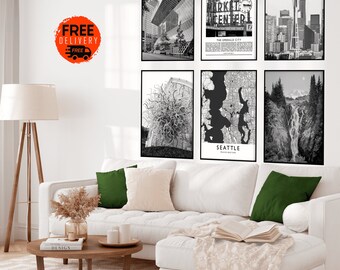 Seattle Washington city wall Art Prints, Space Needle Art Print, Pike Place Market Art Print, Seattle Set of  6 Prints,Seattle Map Art Print