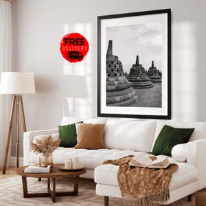 Java Indonesia City Wall Art Poster Print, Borobudur Buddhists Temple, Southeast Asia Print, Travel Poster Decor,Black and White Photography