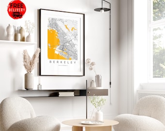 Berkeley California Mountain Wall Art Poster Print, Californië kaart print zwart-wit fotografie downloadbaar, Berkeley City Travel Poster