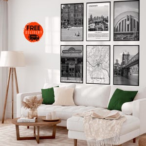 Cincinnati City Wall Art Poster Print Set of 6, Cincinnati Ohio Black and White City Print, Cincinnati Photo Gallery, Cincinnati City Map