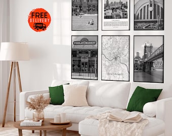 Conjunto de pôster de arte de parede da cidade de Cincinnati com 6 impressões, impressão da cidade em preto e branco de Cincinnati, Ohio, galeria de fotos de Cincinnati, mapa da cidade de Cincinnati