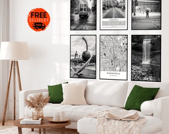 Minneapolis Black & White Art Print Poster Set of 6, Minneapolis City Prints,Gallery Download Wall Art, Minnesota Posters,Travel Photography