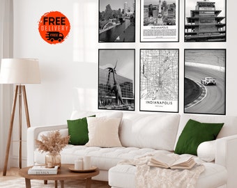 Impresión de arte de pared de Indianápolis, impresión de póster de Indianápolis, impresión de mapa de Indianápolis, conjunto de 6 impresiones de Indianápolis, foto de arte del horizonte de Indianápolis