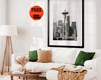 Seattle washington Space Needle seattle skyline Wall art Print, Seattle landmark Prints, Seattle print, Black and White Photography Seattle