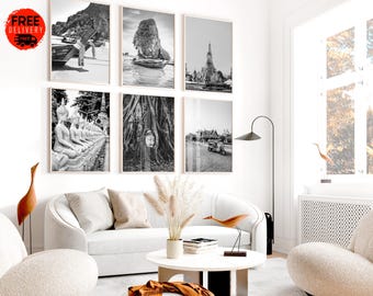 Thailand  Black and White Wall Art Set of 6 | Thailand Travel Photo Prints | Thailand Digital Download Gallery Decor, Printable Art, Bangkok