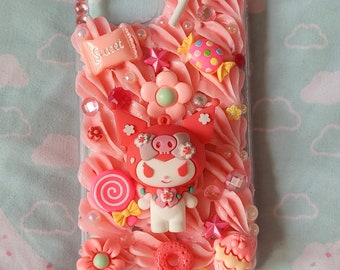 Custom decoden phone case for Samsung Iphone sakura cherry blossom kawaii kitty with whipped cream candy effect