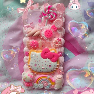 Custodia per telefono con motivo kawaii gattino rosa e caramelle decodificate per iPhone Samsung