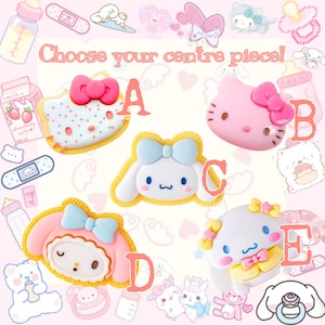 May include: Five colorful cartoon character patches with different designs. The patches are labeled A, B, C, D, and E. The text "Choose your centre piece!" is at the top of the image.