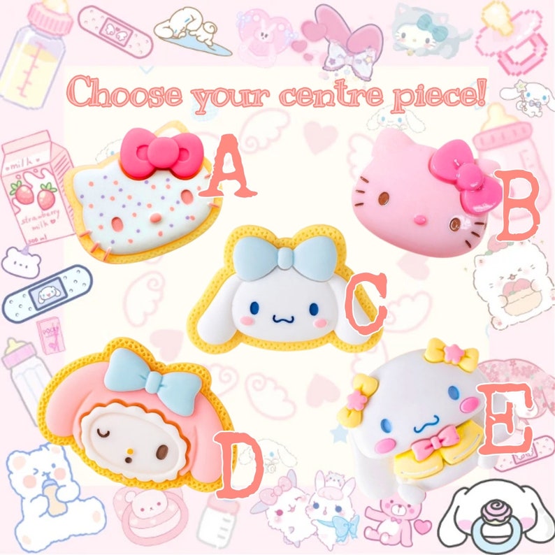 May include: Five colorful cartoon character patches with different designs. The patches are labeled A, B, C, D, and E. The text "Choose your centre piece!" is at the top of the image.