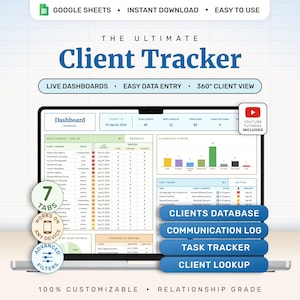 Op de afbeelding: Een digitale klantvolgsysteem-sjabloon voor Google Sheets weergegeven op een laptopscherm. De interface bevat een dashboard met gegevenstabellen, statusgrafieken en takenlijsten. De tekst bevat The Ultimate Client Tracker, Clients Database, Communication Log, Task Tracker en Client Lookup.