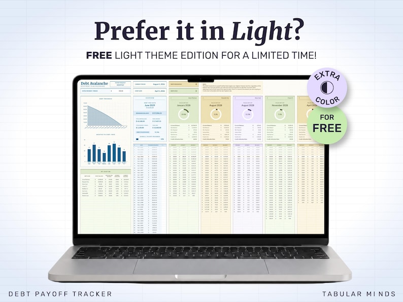 Prefer a lighter look? The light theme edition comes free with this one — the same payoff engine, dashboards and payment schedules in a soft cream palette.