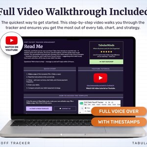 A read me tab with quick-start steps and a full video walkthrough with voice-over and timestamps are included, along with one-click instructions for making your own copy of the template.