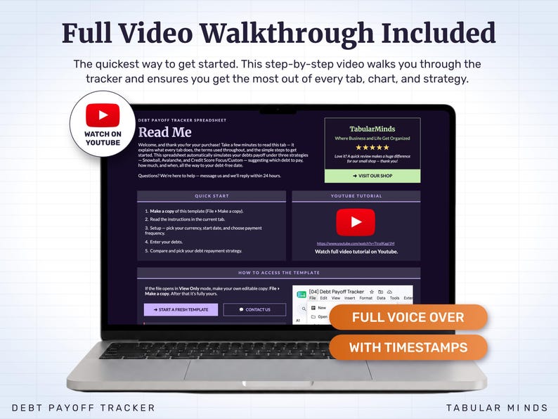 A read me tab with quick-start steps and a full video walkthrough with voice-over and timestamps are included, along with one-click instructions for making your own copy of the template.