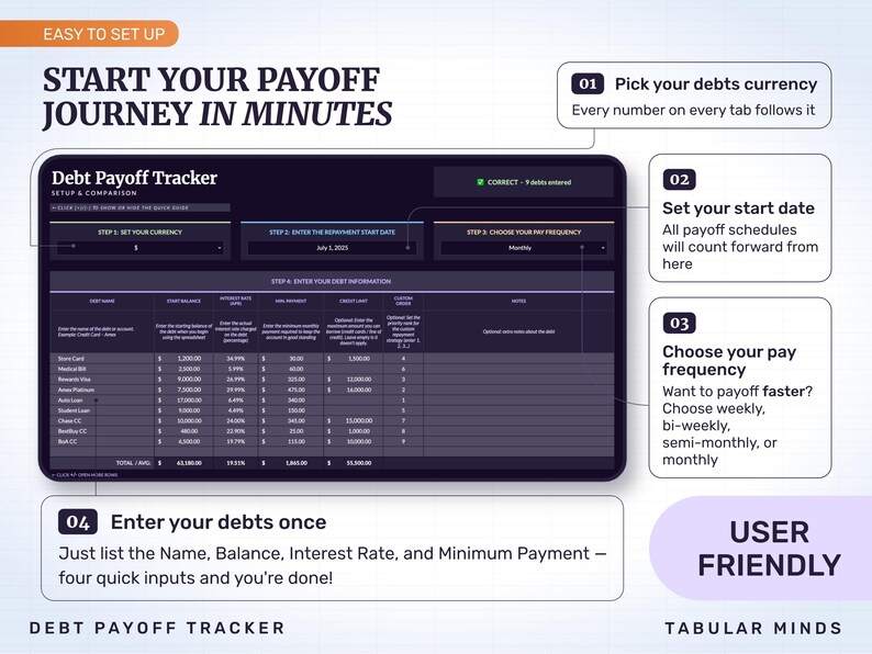 Set up in minutes: pick your currency, set the repayment start date, choose weekly, bi-weekly, semi-monthly or monthly pay, then enter each debt once — a built-in check confirms the list is correct.