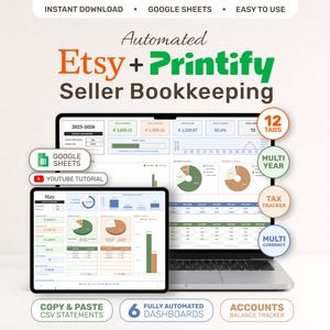 以下が含まれることがあります： Google Sheets用Etsy + Printifyセラー向け自動簿記スプレッドシート。ノートパソコンとタブレットの画面に財務ダッシュボード、円グラフ、データテーブルが表示されています。12個のタブ、税金トラッカー、多通貨機能が含まれています。