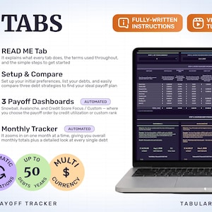 Six tabs do the work: written instructions, one setup and comparison sheet, three automated payoff dashboards and a monthly tracker — automatic calculations, up to 50 debts, 50 years, any currency.