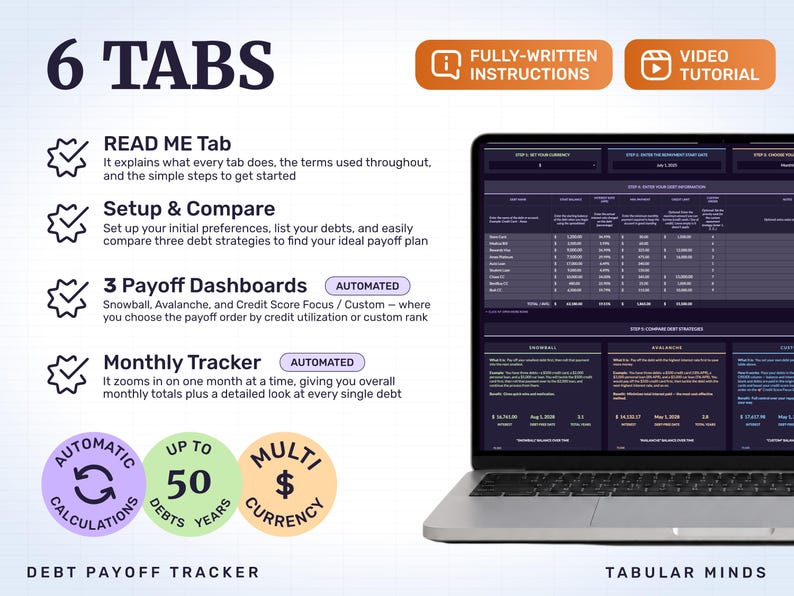 Six tabs do the work: written instructions, one setup and comparison sheet, three automated payoff dashboards and a monthly tracker — automatic calculations, up to 50 debts, 50 years, any currency.
