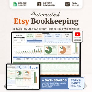 Automated Etsy Seller Bookkeeping Spreadsheet for Google Sheets Shop Income Expense Profit & Loss Accounting Template VAT Sales Tax Tracker
