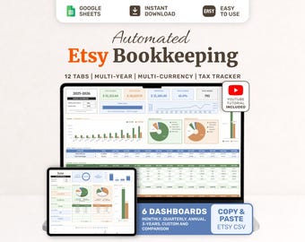 Automated Etsy Seller Bookkeeping Spreadsheet for Google Sheets Small Business Income Expense Profit & Loss Accounting Template Tax Tracker