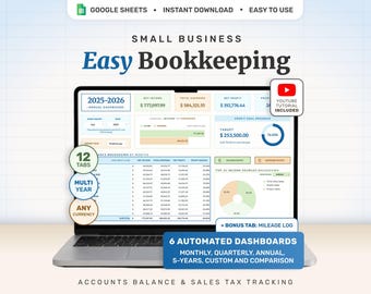 Small Business Easy Bookkeeping Spreadsheet for Google Sheets, Accounting Template, Income Expense Ledger, Profit & Loss, Sales Tax Tracker