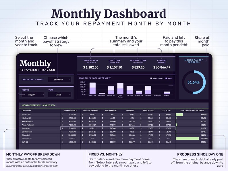 Month-by-month tracking: choose a month, year and strategy to see what was paid, what's left, the interest charged that month and how far each debt has come — cleared debts are crossed off automatically.