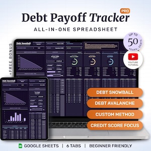 All-in-one debt payoff tracker for Google Sheets, ready to use on desktop, tablet or phone — four payoff methods, up to 50 debts across 50 years, 6 beginner-friendly tabs and a video tutorial included. Dark mode color theme. Beginner-friendly.