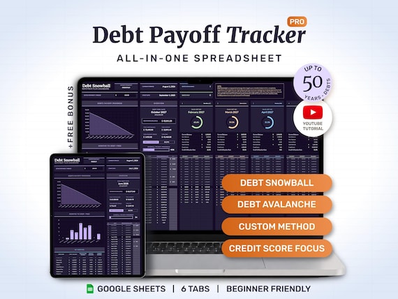 Debt Payoff Tracker Spreadsheet for Google Sheets | Dark Mode Template | Snowball Avalanche Credit Card Utilization Loan Repayment Planner