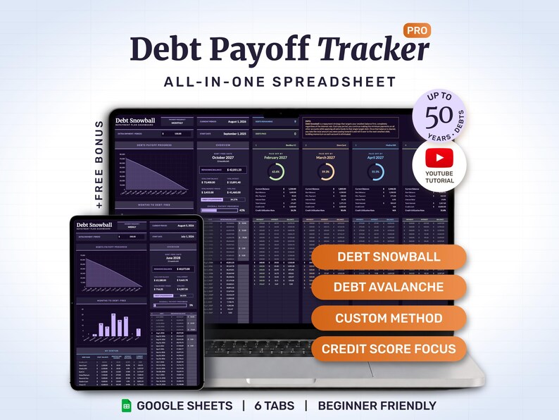 All-in-one debt payoff tracker for Google Sheets, ready to use on desktop, tablet or phone — four payoff methods, up to 50 debts across 50 years, 6 beginner-friendly tabs and a video tutorial included. Dark mode color theme. Beginner-friendly.
