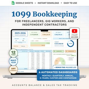 May include: A digital 1099 bookkeeping spreadsheet for Google Sheets displayed on a laptop screen. The interface features a 2025-2026 annual dashboard, income versus expenses charts, profit goal progress, and a performance breakdown by months.