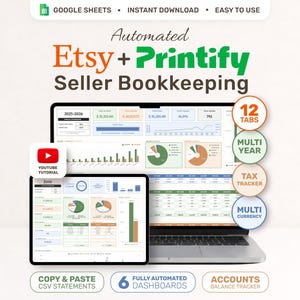 Automated Etsy Printify Seller Bookkeeping Google Sheets Spreadsheet | POD Business Shop Profit & Loss Template | Income Expense Tax Tracker