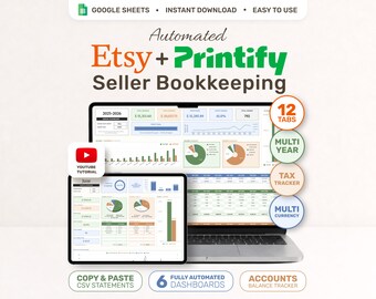 Automated Etsy Printify Seller Bookkeeping Google Sheets Spreadsheet | POD Business Shop Profit & Loss Template | Income Expense Tax Tracker