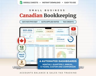Canadian Business Simple Bookkeeping Spreadsheet for Google Sheets, GST HST Sales Tax Tracker, Profit and Loss, Accounting Template