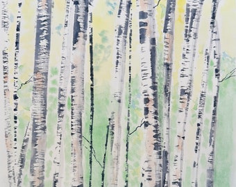 Watercolor Landscape of Birch Trees Print