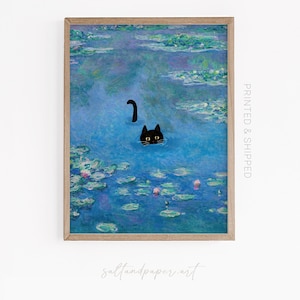 モネの猫、猫好きへのギフトのアイデア、猫の面白いポスター、クロード・モネのプリント、有名なアートプリント、アート好きへの面白いギフト、モネの睡蓮