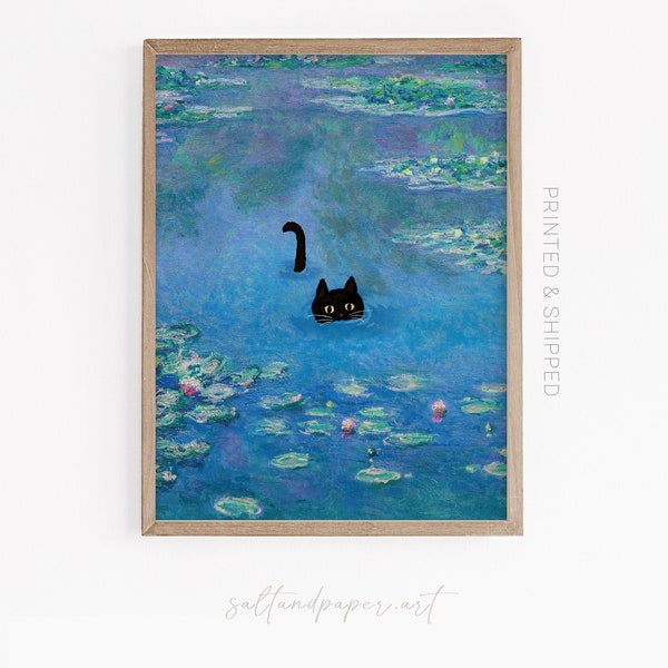 Monet Katze, Katzenliebhaber Geschenkideen, KatzenPoster Lustig, Claude Monet Print, berühmte Kunstdrucke, lustige Geschenke für Kunstliebhaber, Monet Seerosen