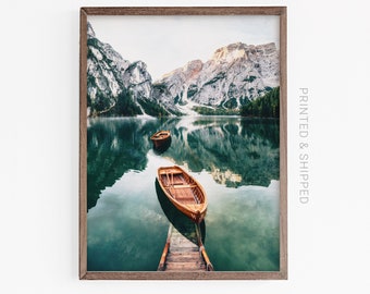 Lake House Wall Art, Beautiful Photo Nature, Mountain Lake, Landscape Print, Dark Green Wall Art, Boat on a Lake, Lake Braies, Dolomites
