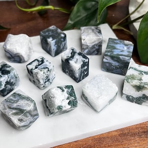 Moss Agate Crystal Cubes / Blue and Green Moss Agate with Quartz Druzy / One Moss Agate Cube