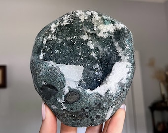 2lb Self Standing Black Chalcedony with Druzy Apophyllite / Diamond Apophyllite on Botryoidal Black Chalcedony from Bombay, India