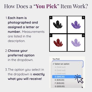 May include: An informational graphic titled How Does a You Pick Item Work? explaining a selection process. It features four crystal illustrations labeled A, B, C, and D in black, purple, red, and light purple, alongside a dropdown menu interface.